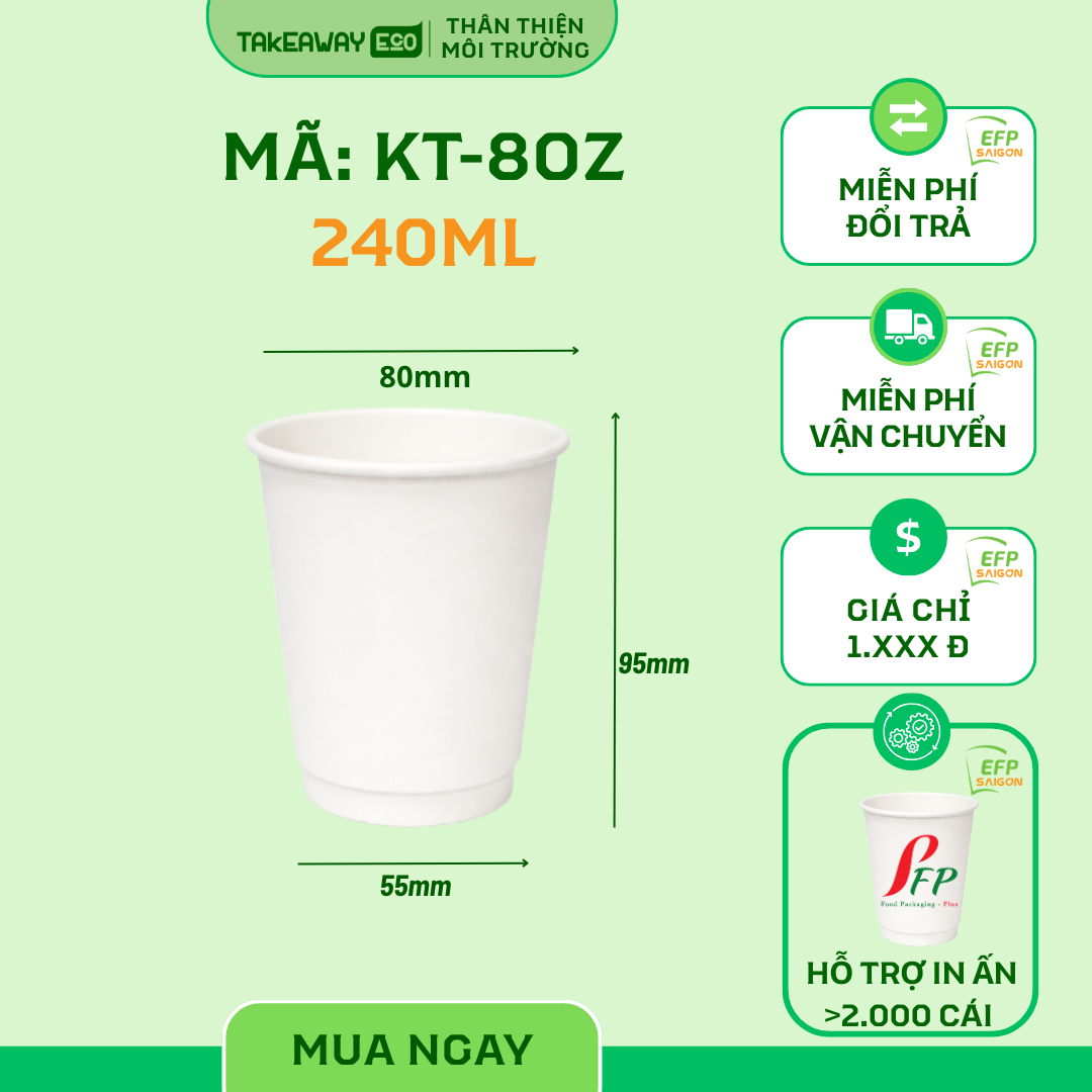 Ly Giấy Trắng 2 Lớp 8oz-240ml (Dùng Nóng/Lạnh)